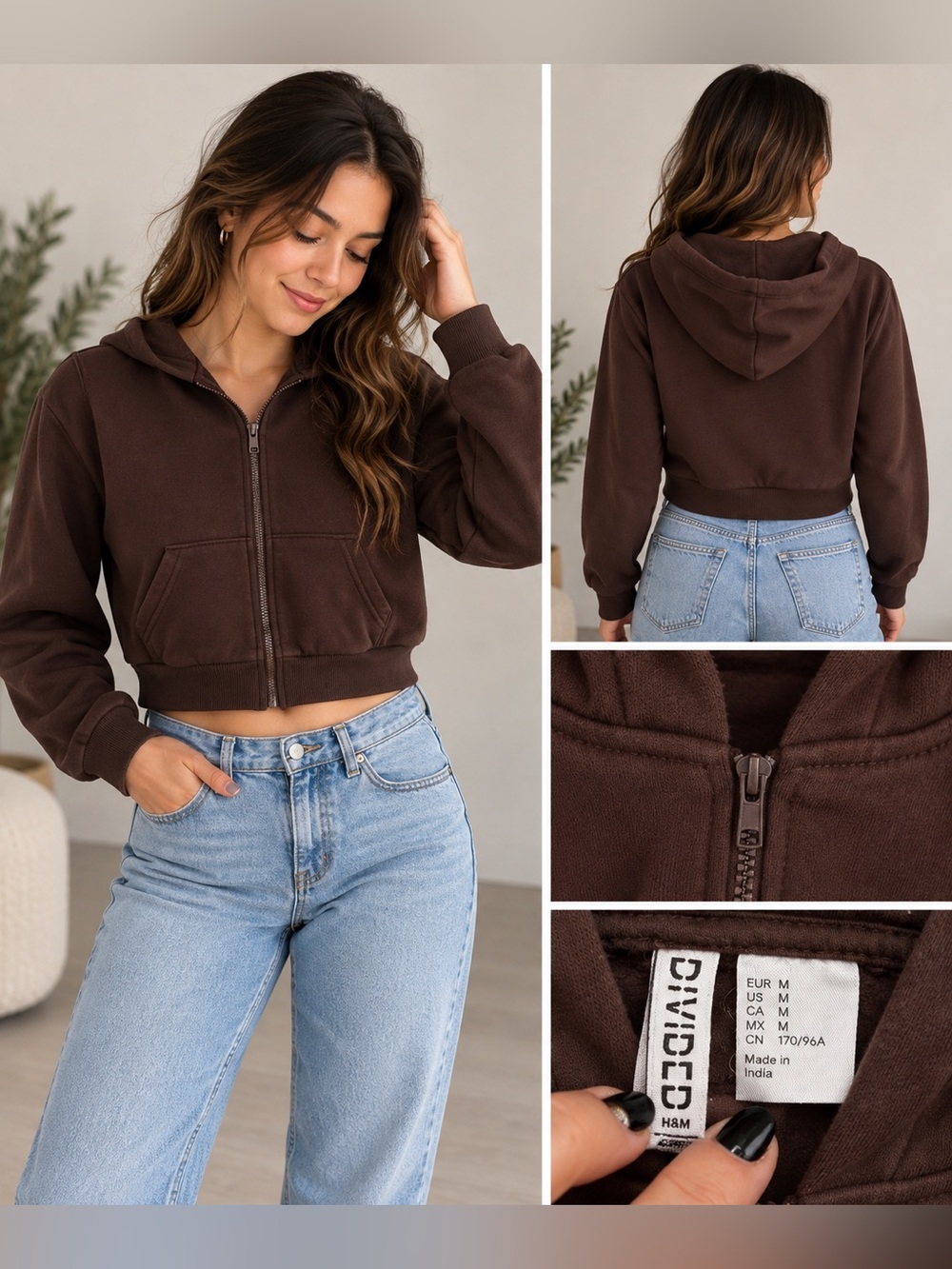 H&M Women's Cropped Zip Hoodie - Dark Brown